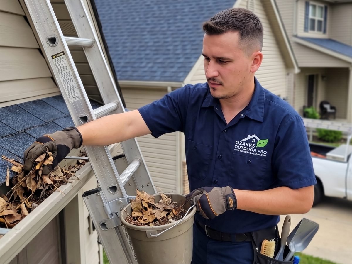 Crew member clearing leaf debris from a residential gutter system in Springfield, MO
