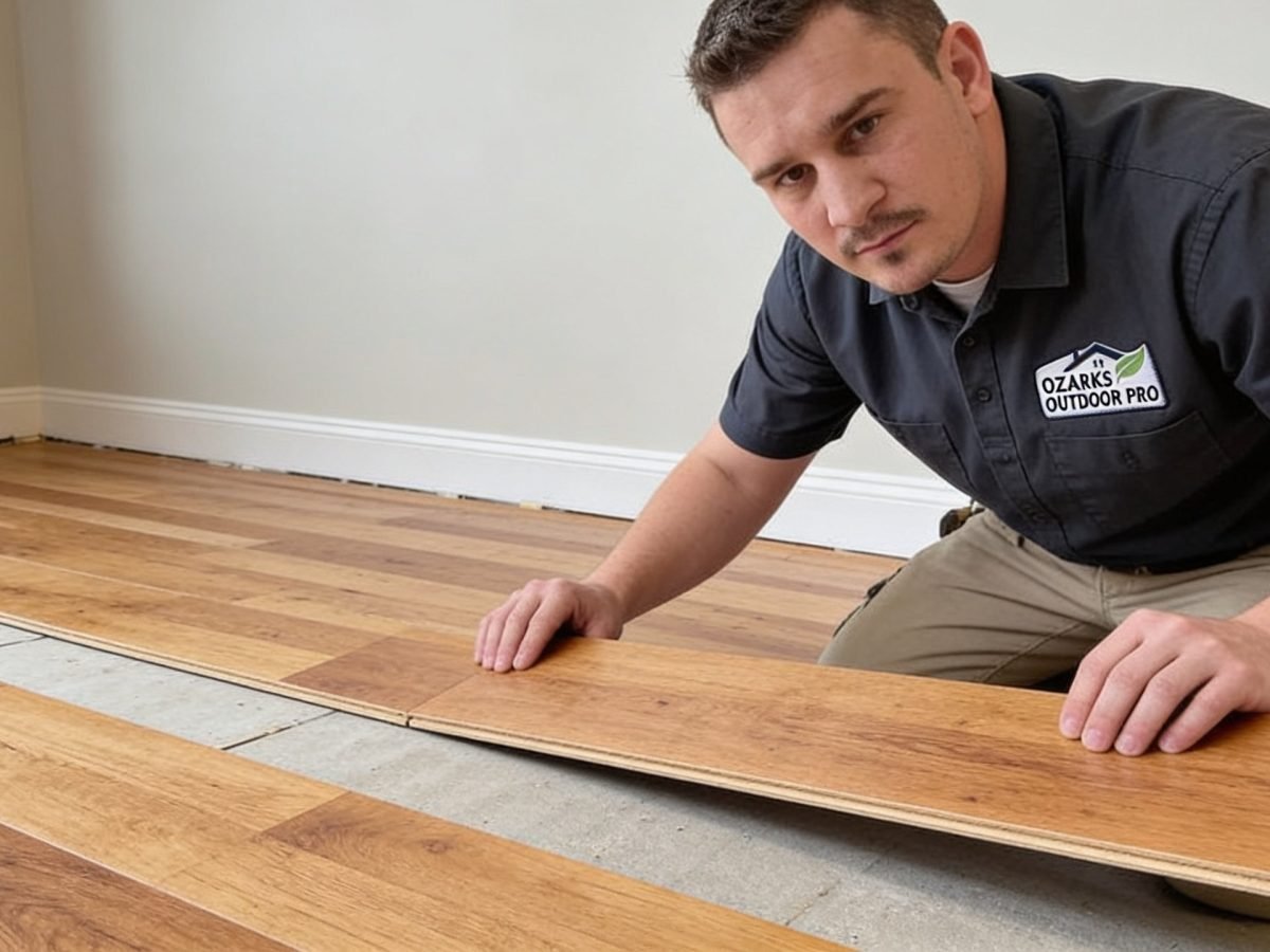 Hardwood floor installation in progress in a Springfield, MO living room with finish coat drying