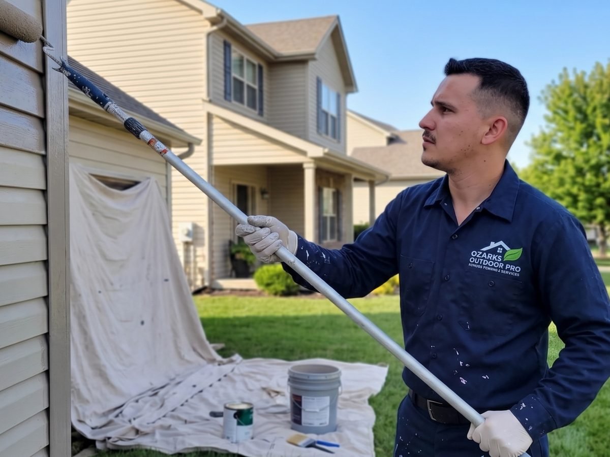 Exterior house painting on a Springfield, MO single-family home with surface prep complete and elevation primed