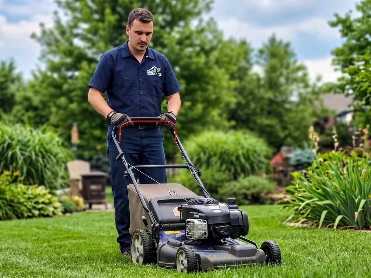 Springfield-based lawn care crew mowing and edging a single-family yard in the Ozarks region
