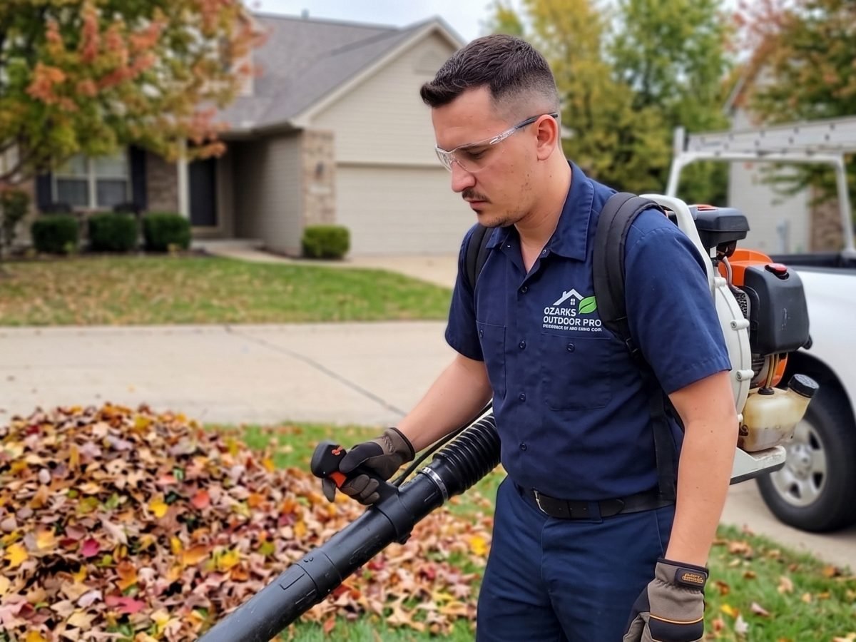 Fall leaf clearance with commercial blowers on a residential lawn in the Ozarks region of southwest Missouri