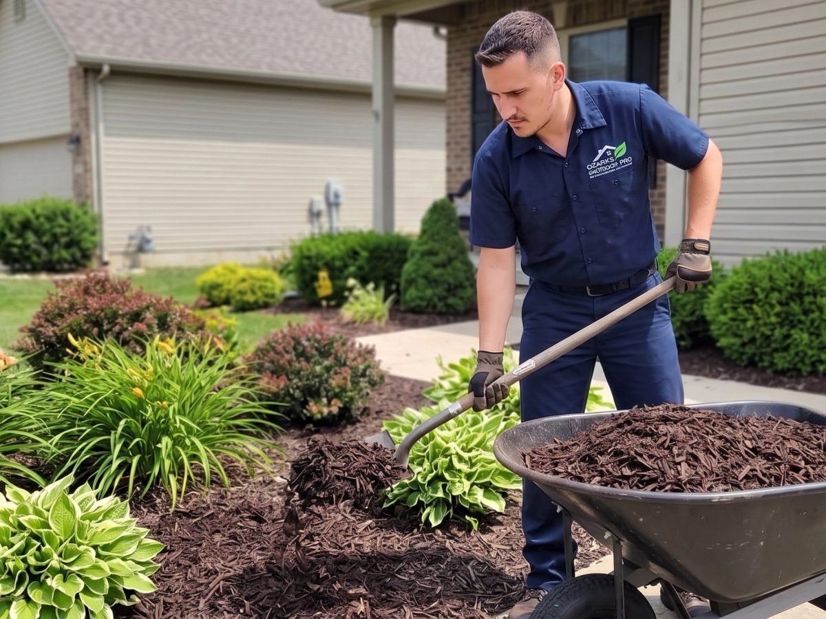 Fresh hardwood mulch installation around a foundation bed at a Springfield, MO residential property with crisp re-cut bed line