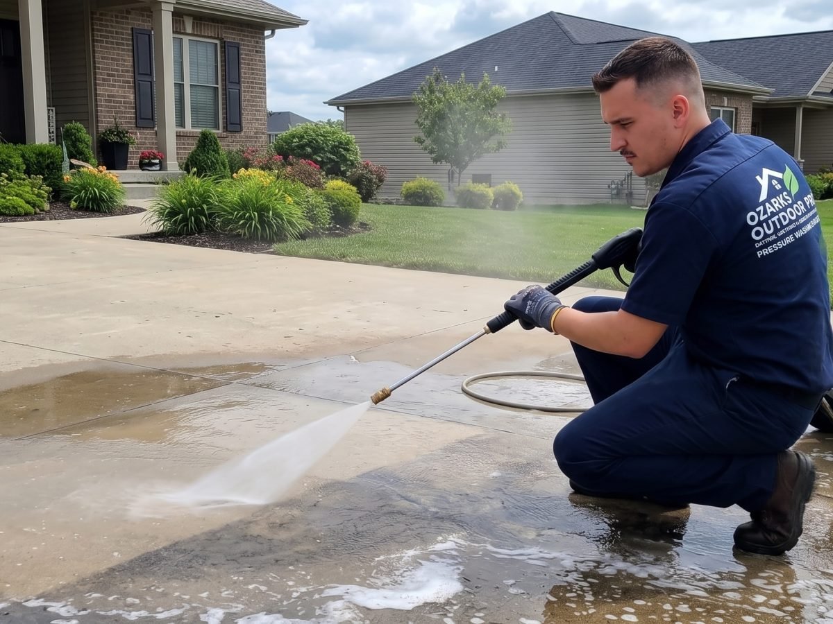 Ozarks Outdoor Pro crew member pressure washing a residential driveway in Springfield, MO with a commercial hot-water unit